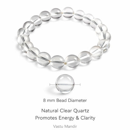 Natural clear quartz crystal bracelet– Vastu remedy with round beads on a clean white background