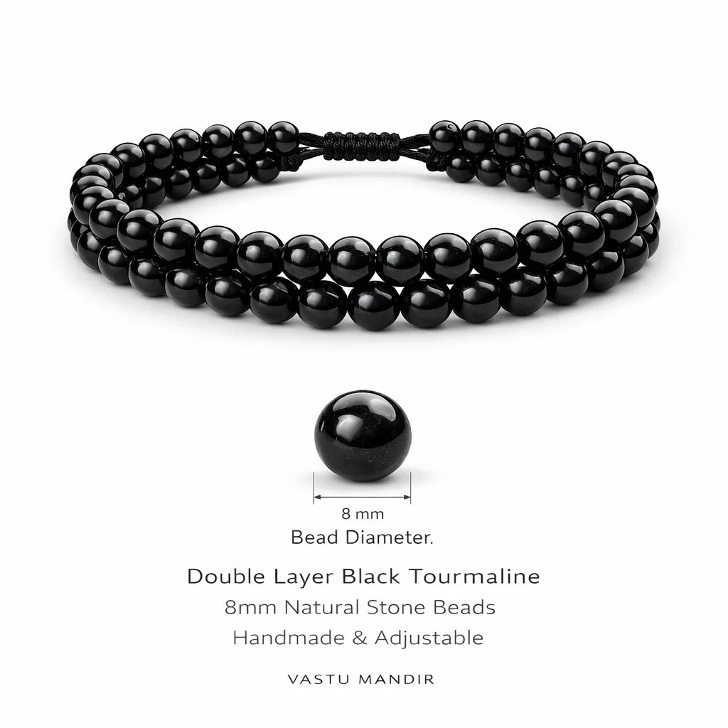 Natural black tourmaline dual strand bracelet in a close white-background bead view
