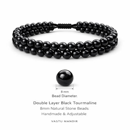 Natural black tourmaline dual strand bracelet in a close white-background bead view