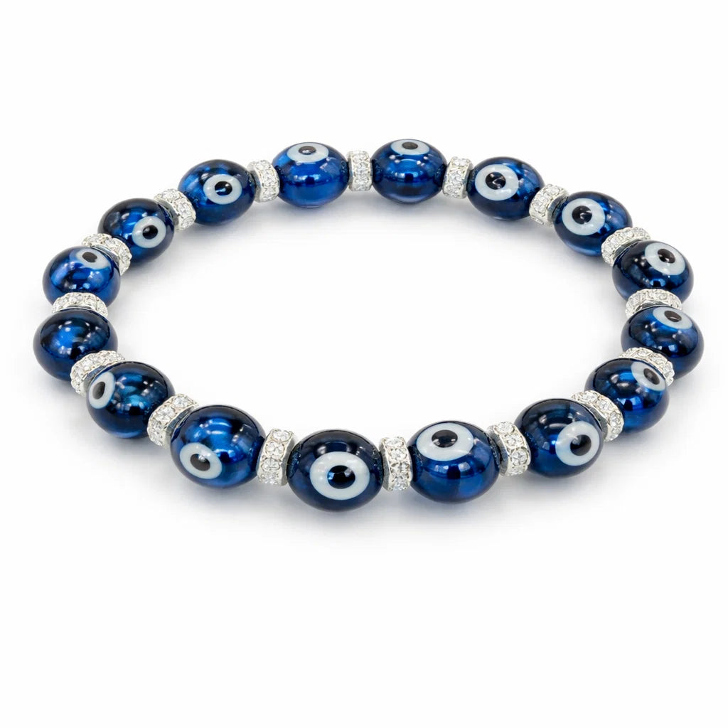Evil eye crystal bracelet showing the bead colour and surface on white