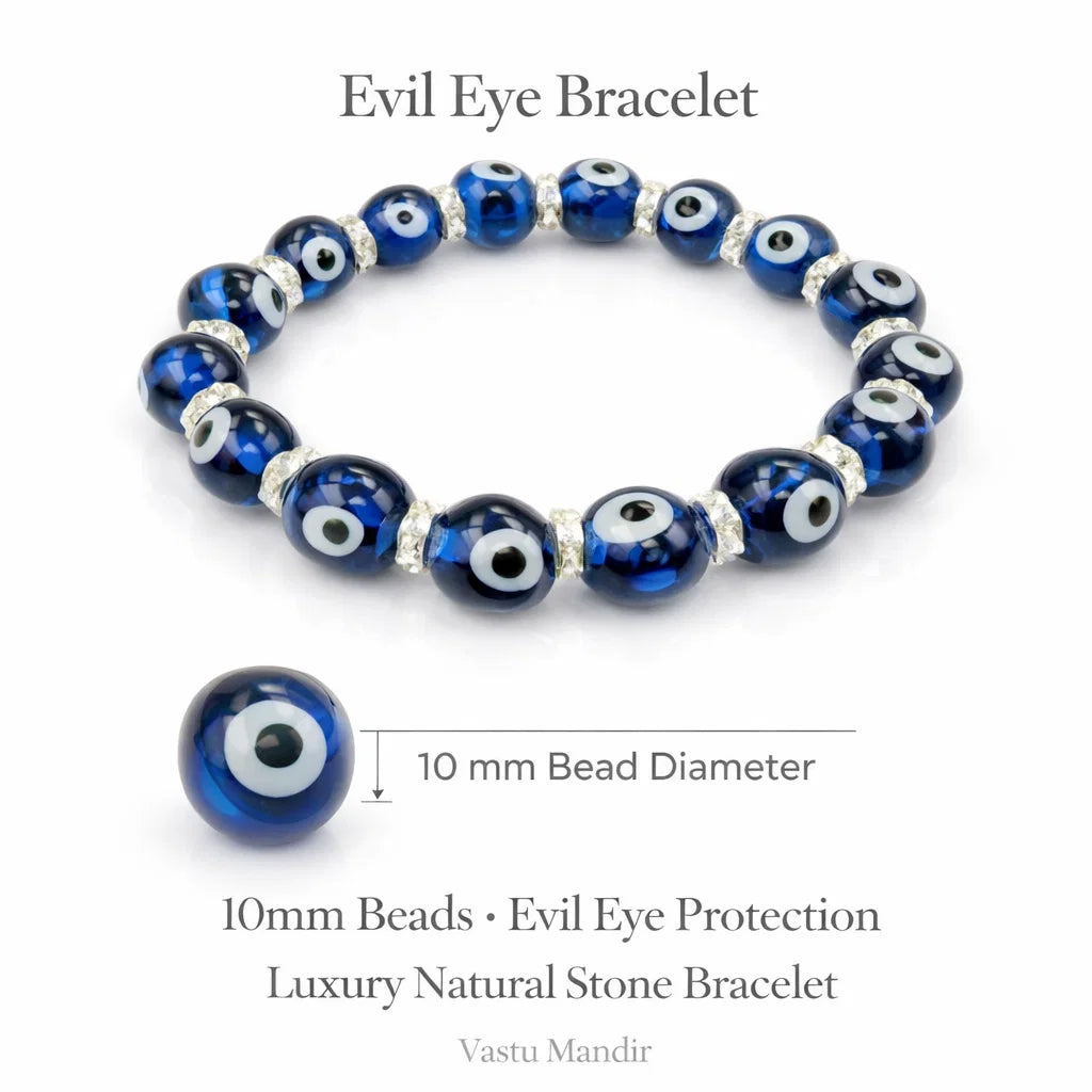Evil eye crystal bracelet with round beads on a clean white background