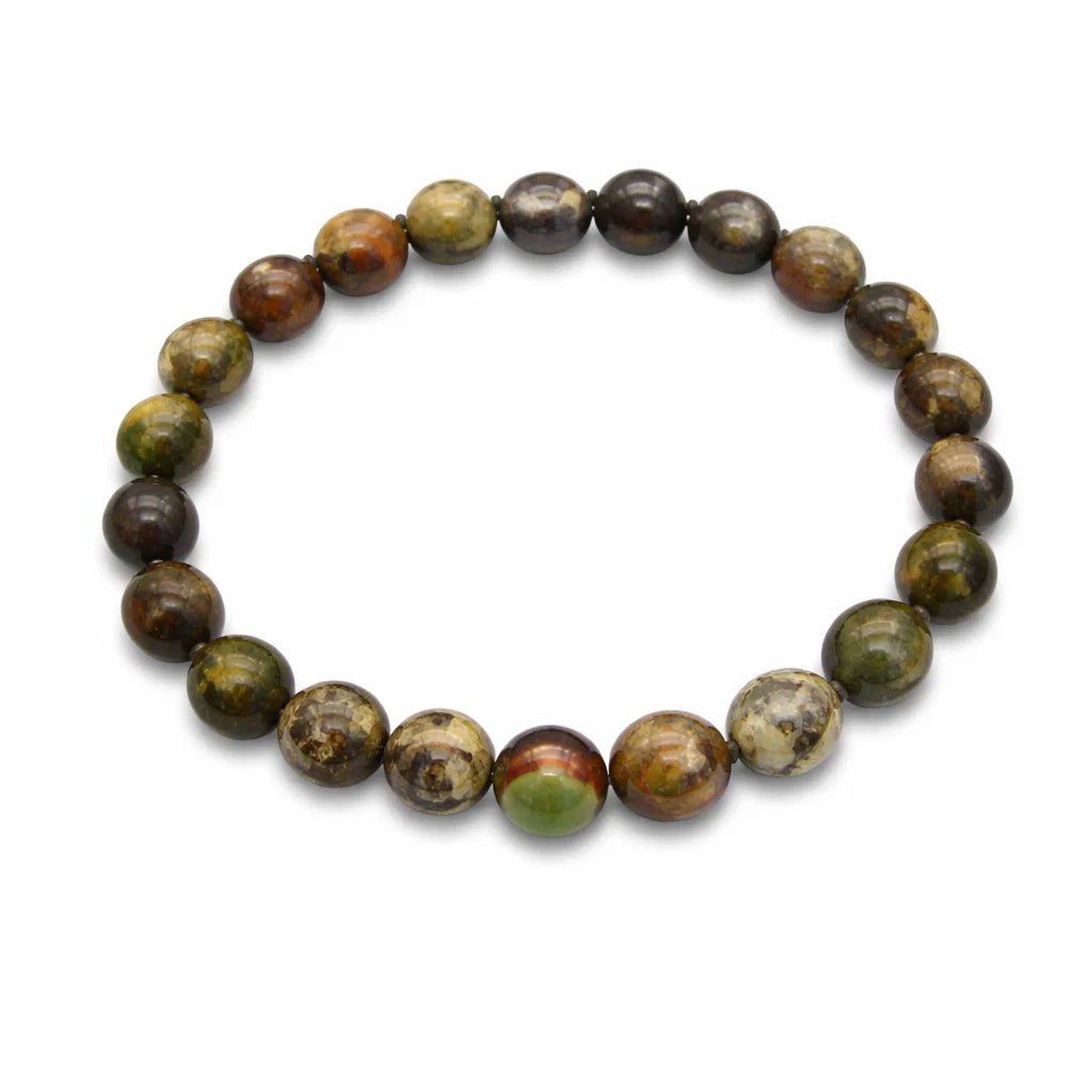 Natural fire agate crystal bracelet showing the bead colour and surface on white