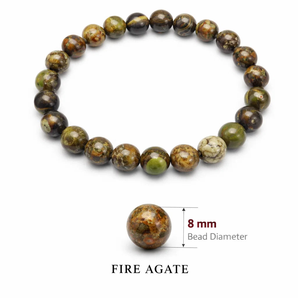 Natural fire agate crystal bracelet with round beads on a clean white background