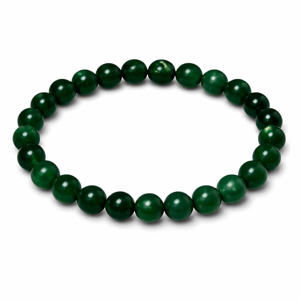 Natural green jade crystal bracelet in a close white-background bead view