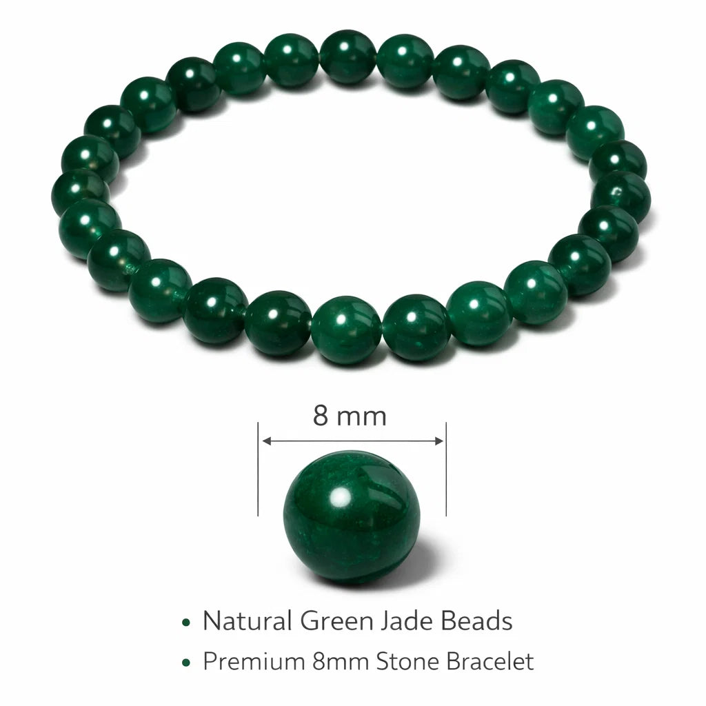 Natural green jade crystal bracelet showing the bead colour and surface on white