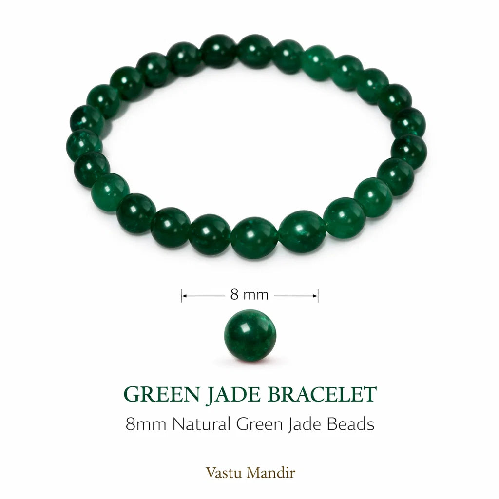 Natural green jade crystal bracelet with round beads on a clean white background