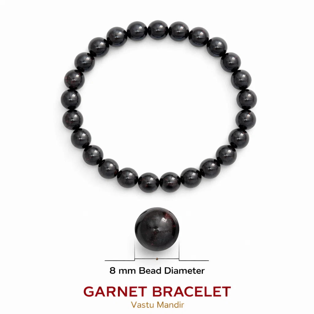 Natural garnet crystal bracelet with round beads on a clean white background