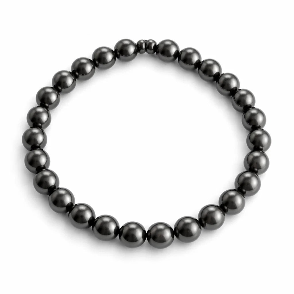 Natural hematite crystal bracelet in a close white-background bead view