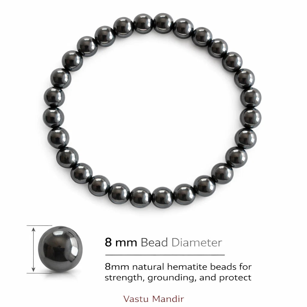 Natural hematite crystal bracelet with round beads on a clean white background