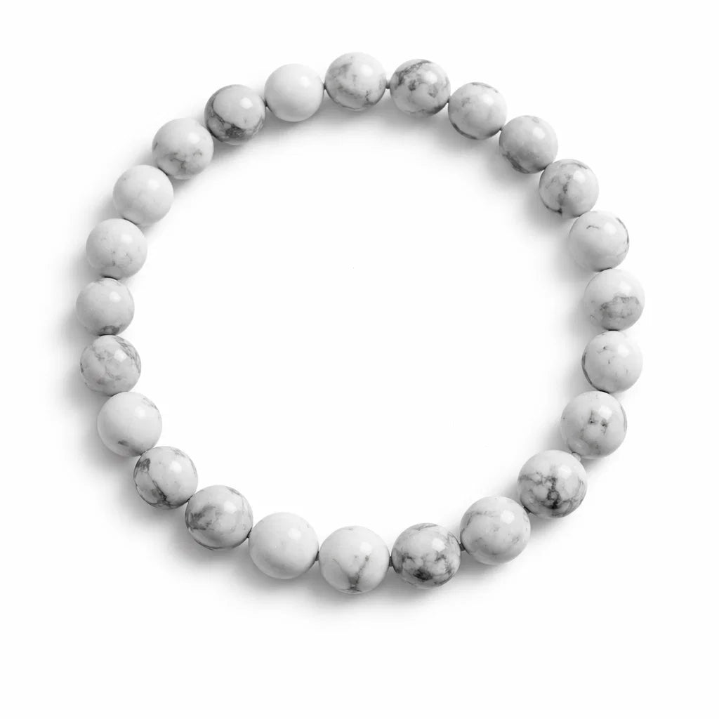 Natural howlite crystal bracelet showing the bead colour and surface on white