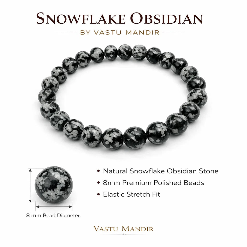 Natural snowflake obsidian crystal bracelet infographic summarising visible product features