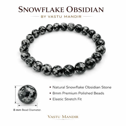 Natural snowflake obsidian crystal bracelet infographic summarising visible product features