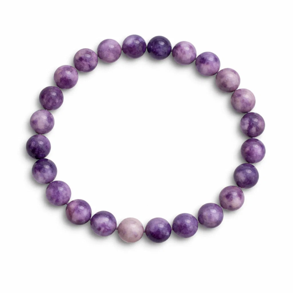 Natural lepidolite crystal bracelet showing the bead colour and surface on white