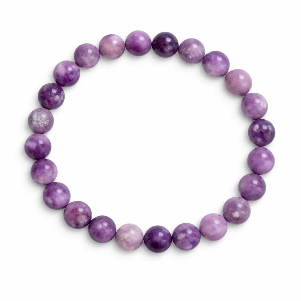 Natural lepidolite crystal bracelet centred in a clean product photograph
