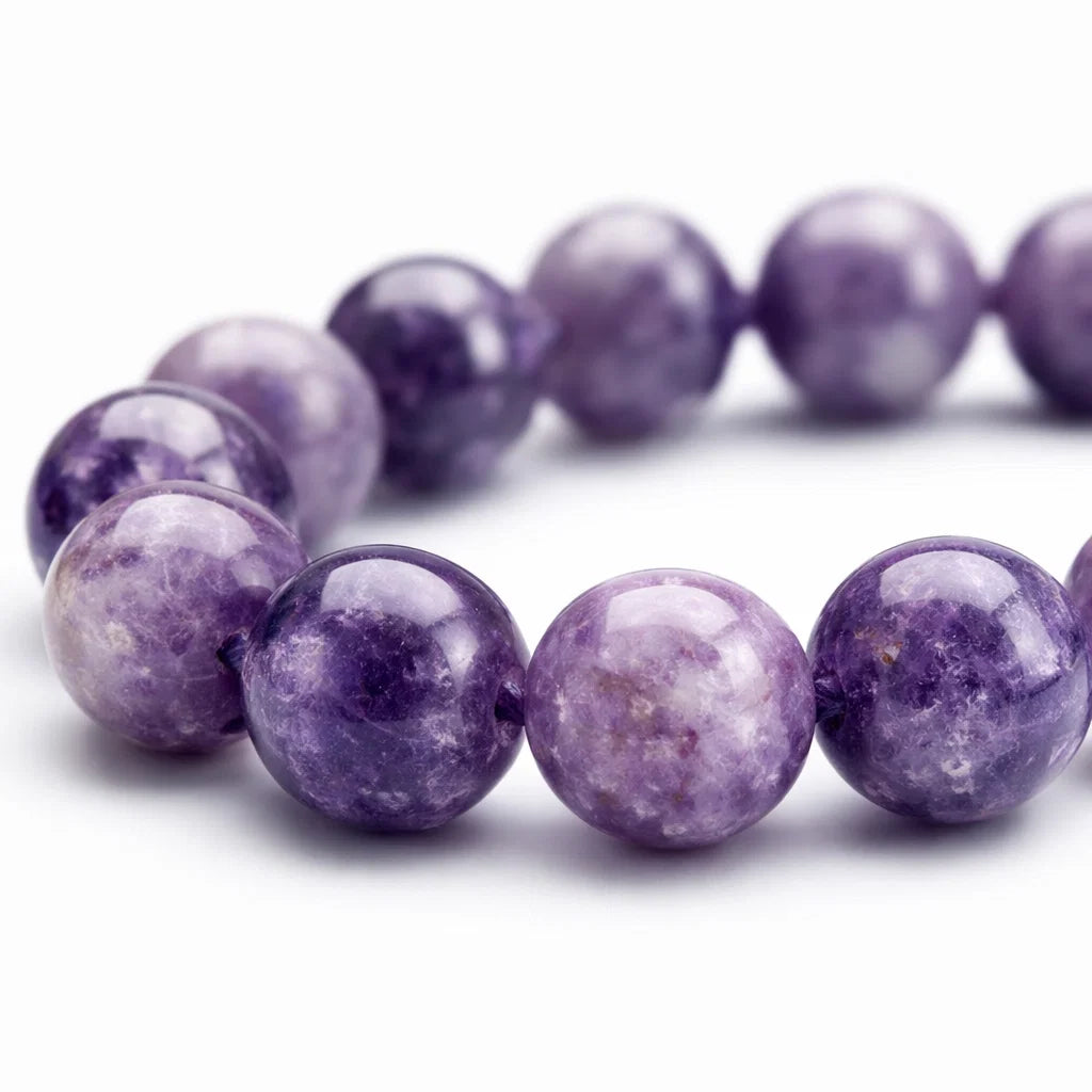 Natural lepidolite crystal bracelet in a close white-background bead view