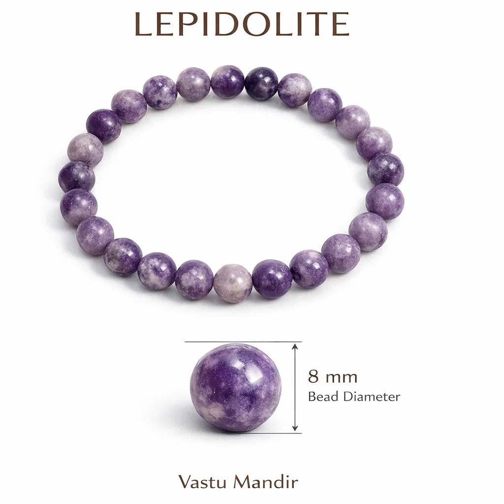 Natural lepidolite crystal bracelet with round beads on a clean white background