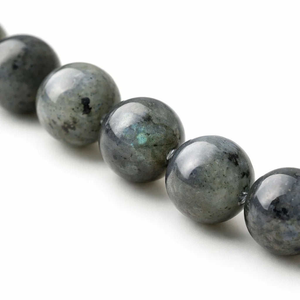 Natural labradorite crystal bracelet in a close white-background bead view