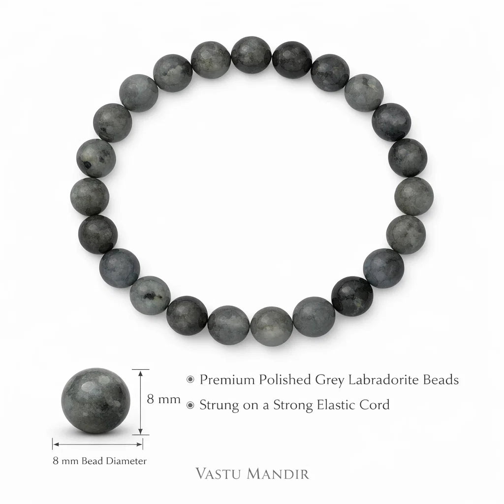 Natural labradorite crystal bracelet with round beads on a clean white background