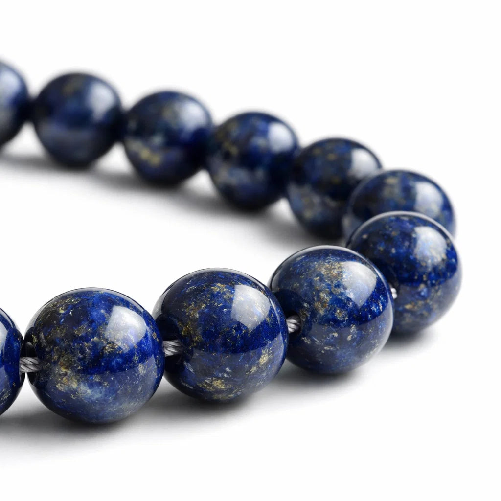 Natural lapis lazuli crystal mala in a close white-background bead view