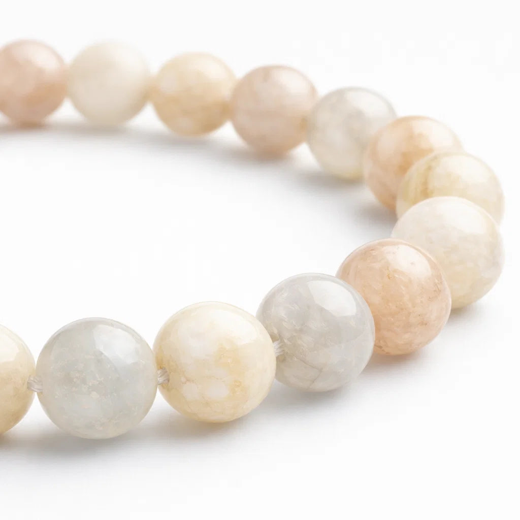 Natural multi moonstone crystal bracelet shown in a separate hand-held product photograph