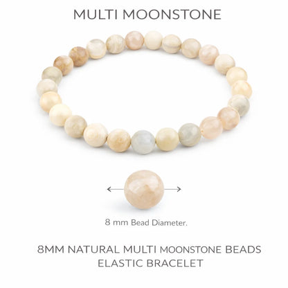 Natural multi moonstone crystal bracelet with round beads on a clean white background