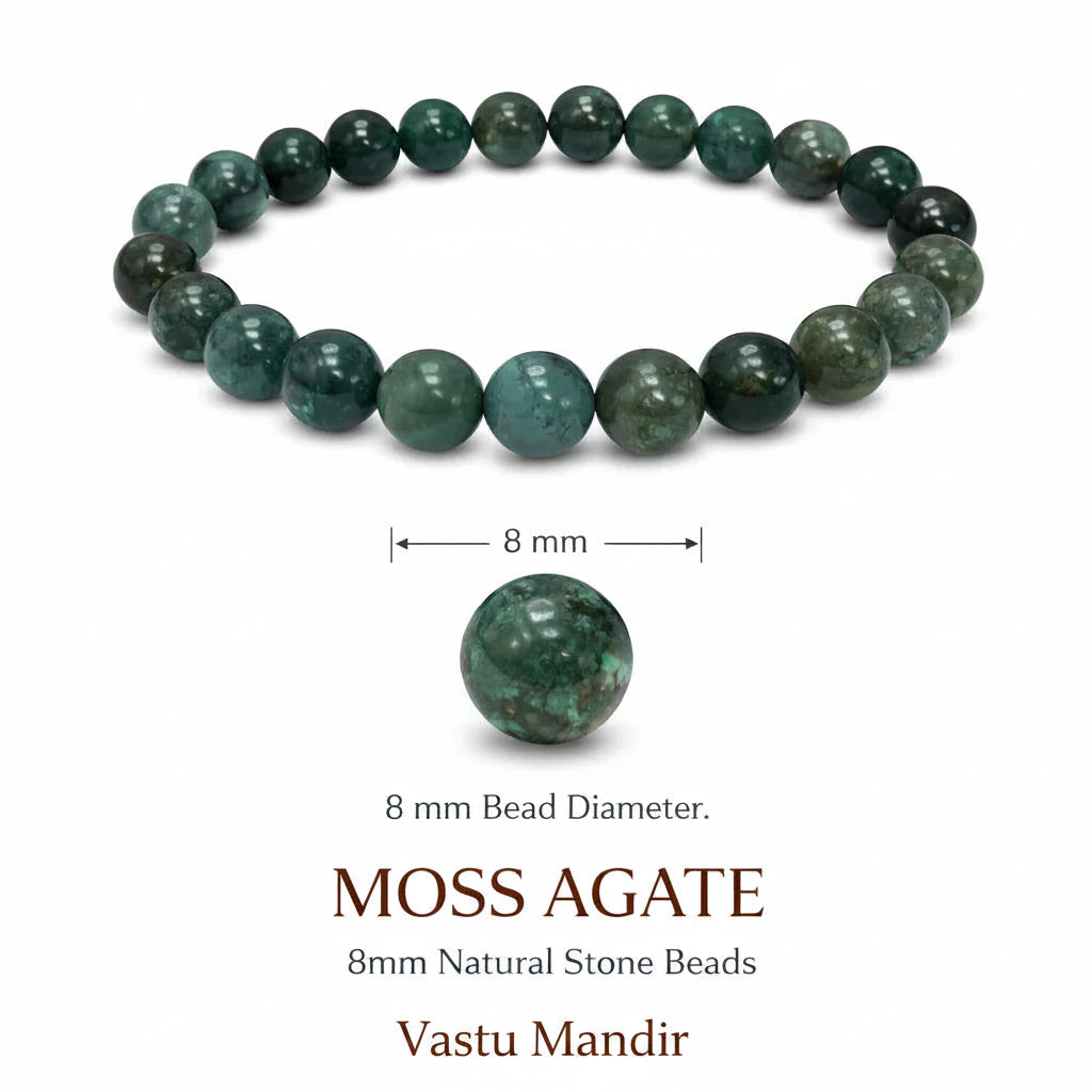 Moss agate bracelet with 8 mm beads on a white background