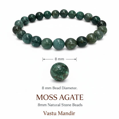 Moss agate bracelet with 8 mm beads on a white background