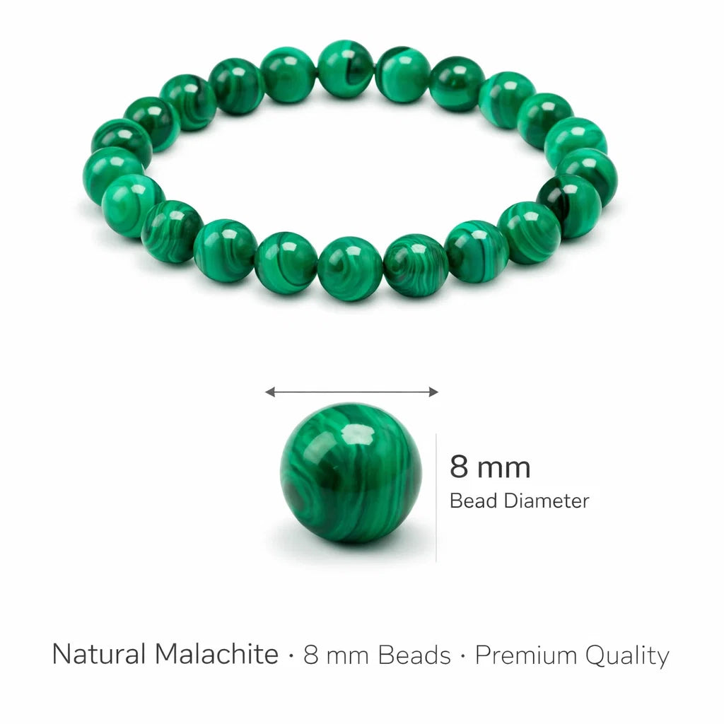 Natural malachite crystal bracelet in a close white-background bead view