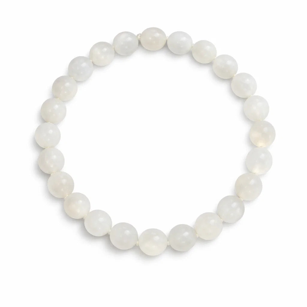 Natural white moonstone crystal bracelet showing the bead colour and surface on white