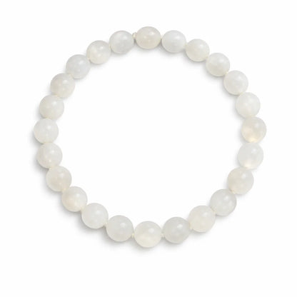 Natural white moonstone crystal bracelet showing the bead colour and surface on white