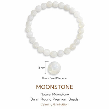 Natural white moonstone crystal bracelet in a close white-background bead view