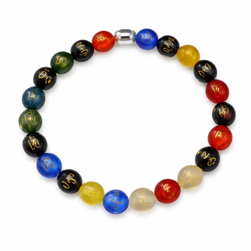 Om Mani Padme bracelet shown in a darker multicolour circular arrangement