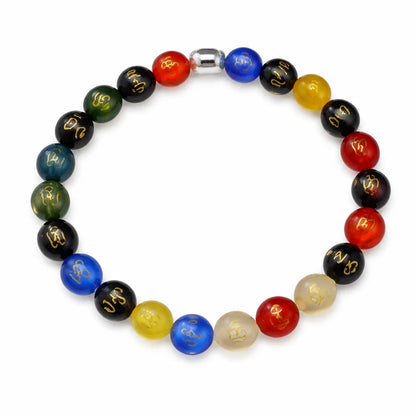 Om Mani Padme bracelet shown in a darker multicolour circular arrangement