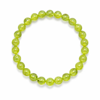 Natural peridot crystal bracelet in a close white-background bead view