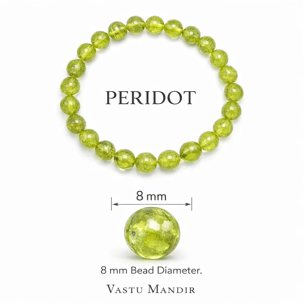 Natural peridot crystal bracelet infographic summarising visible product features