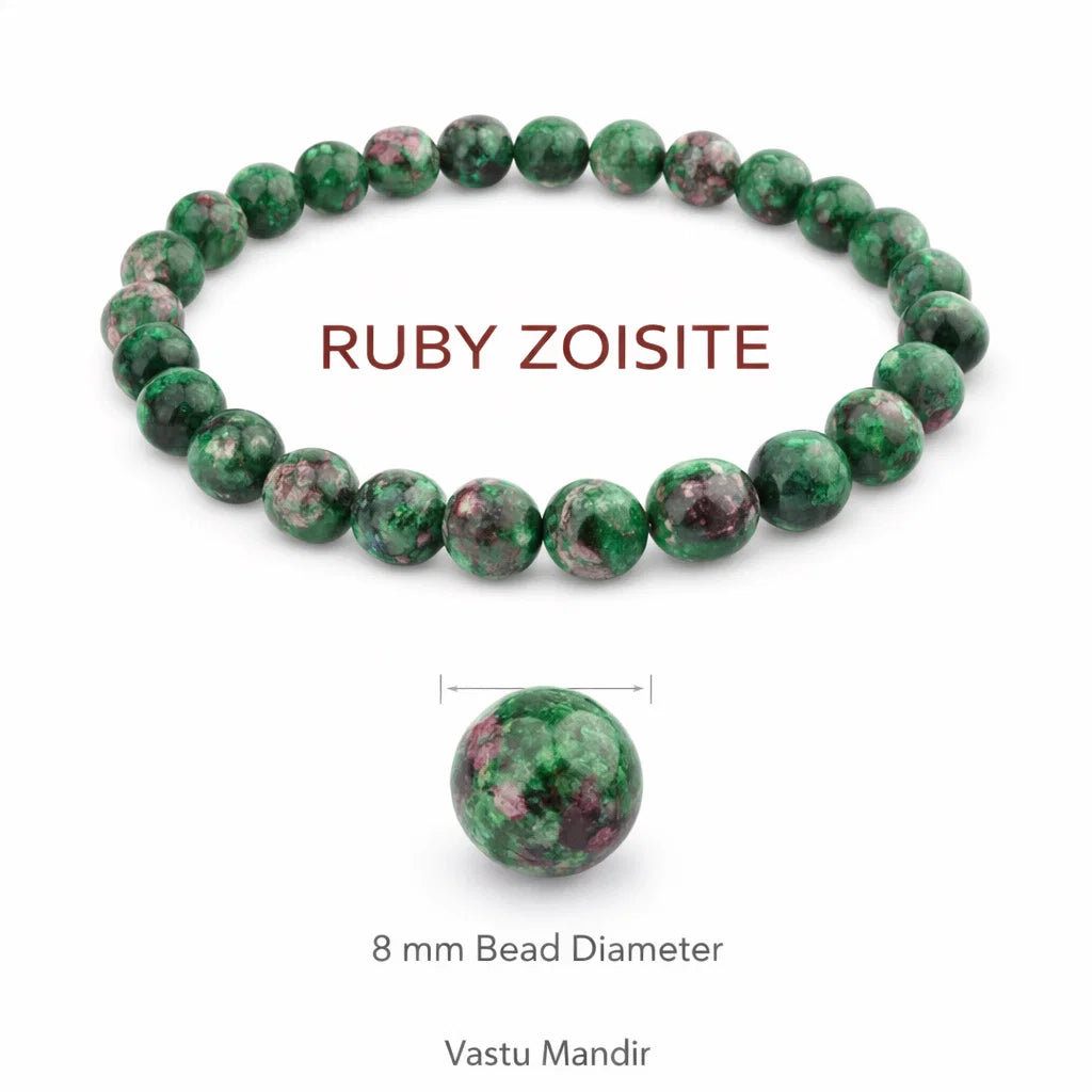 Natural ruby zoisite crystal bracelet in a close white-background bead view