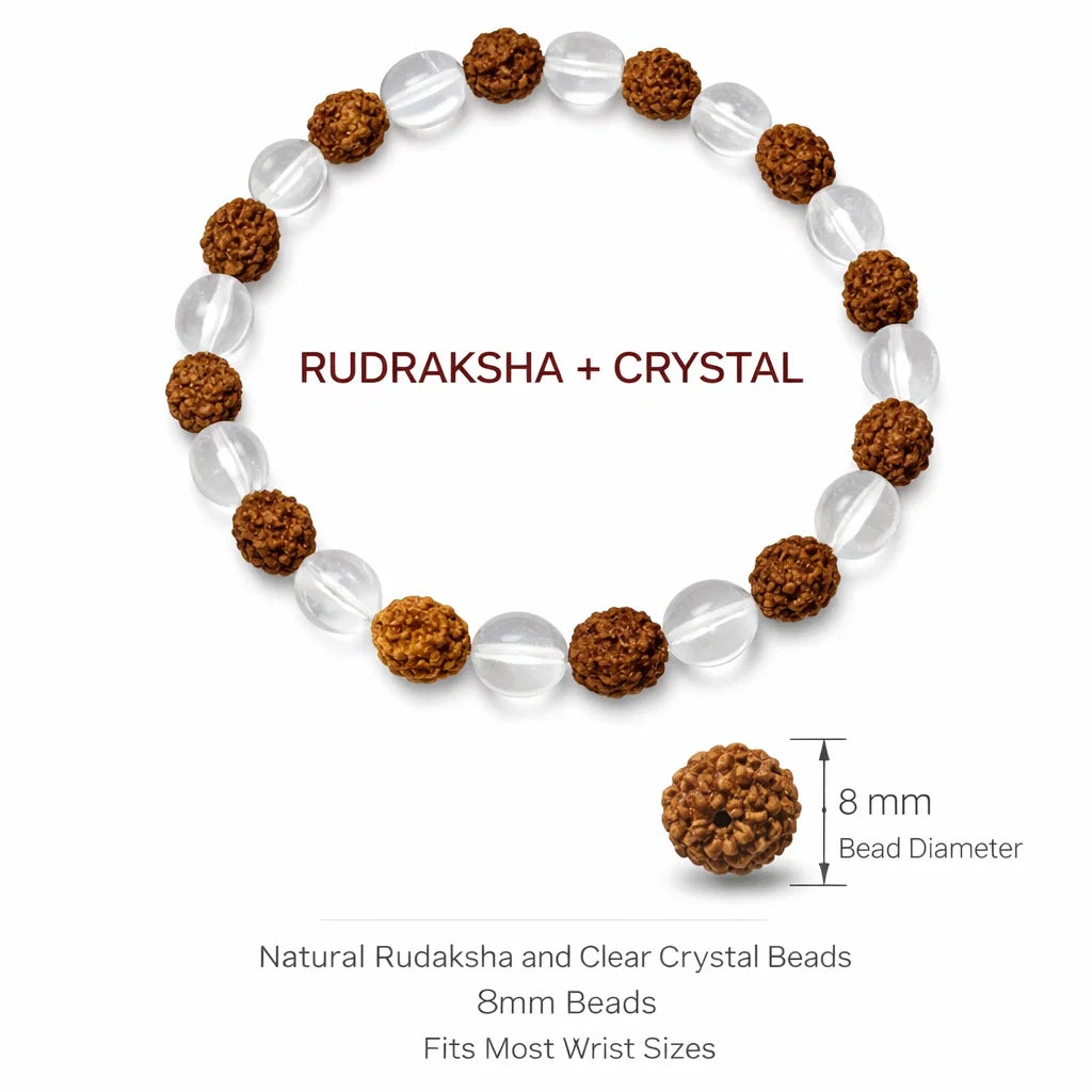 Necklace with brown and clear beads labeled 'Rudraksha + Crystal' on a white background.