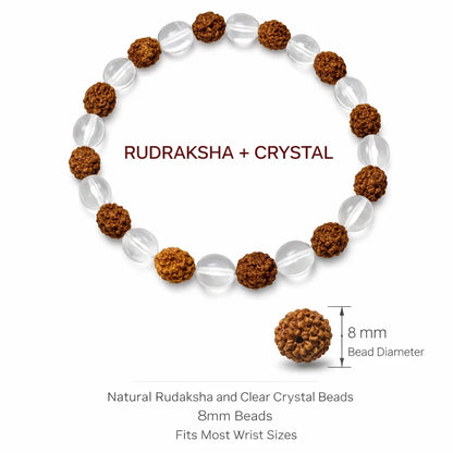 Necklace with brown and clear beads labeled 'Rudraksha + Crystal' on a white background.
