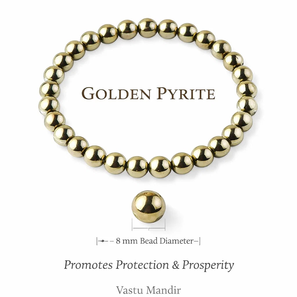 Gold beaded bracelet with text about Golden Pyrite on a white background