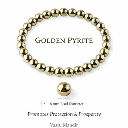 Gold beaded bracelet with text about Golden Pyrite on a white background