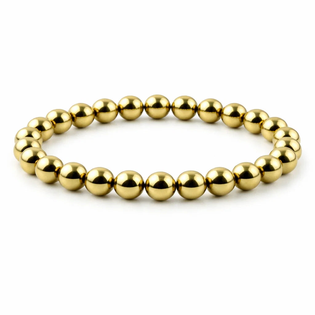 Golden pyrite bead bracelet, Vastu remedy in a close white-background bead view