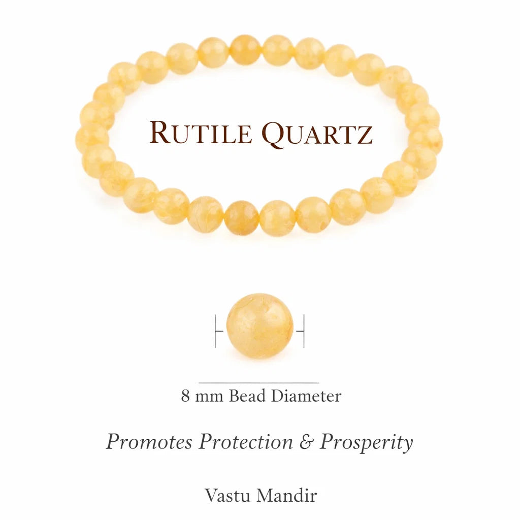 Natural rutile quartz crystal bracelet with round beads on a clean white background