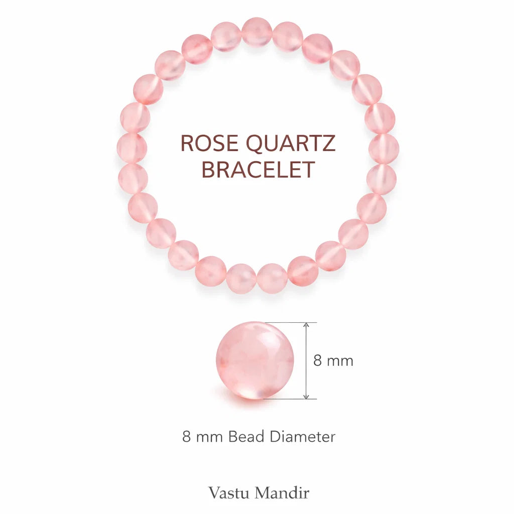Natural rose quartz crystal bracelet with round beads on a clean white background