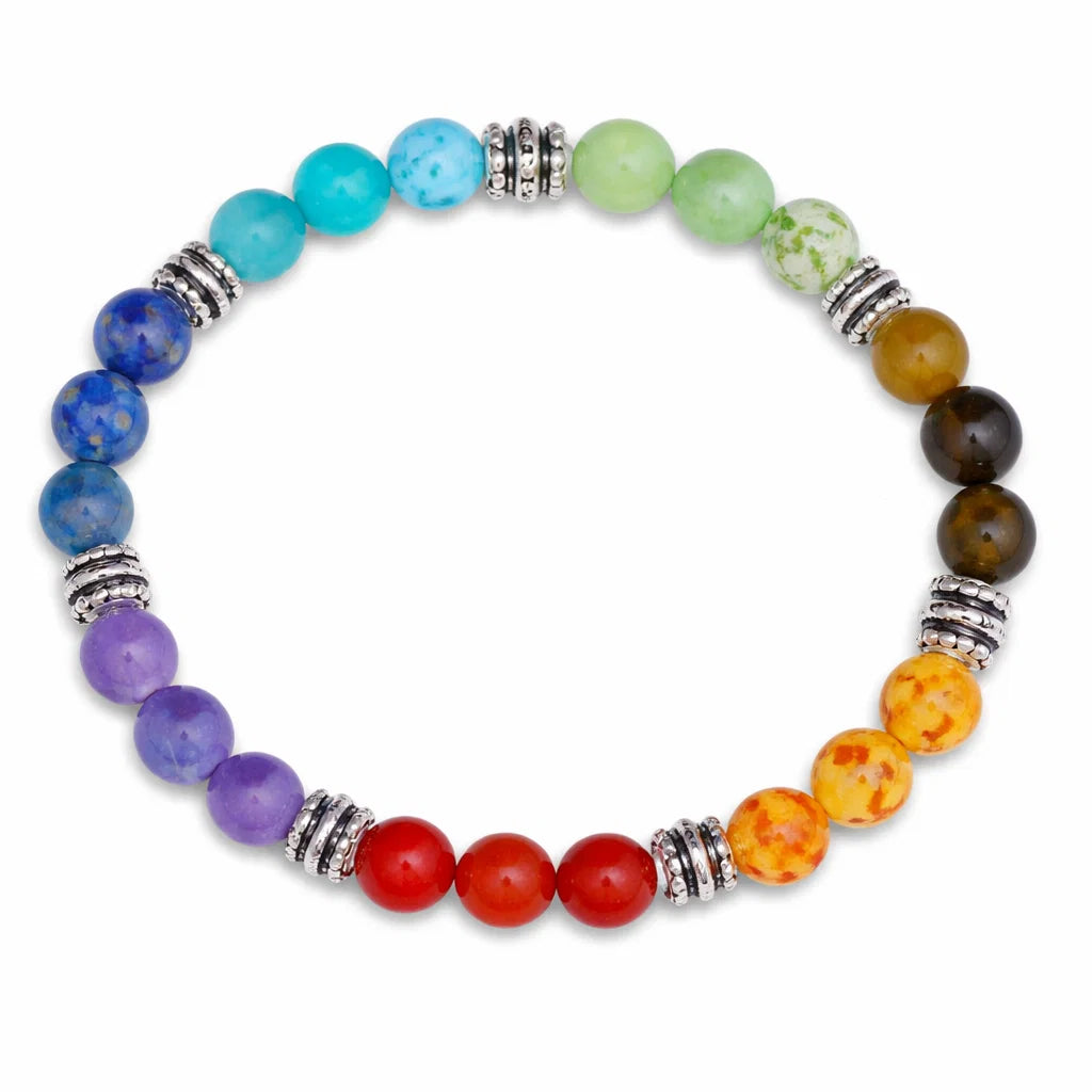 7 chakra crystal bracelet centred in a clean product photograph