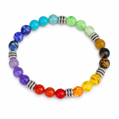 7 chakra crystal bracelet showing the bead colour and surface on white