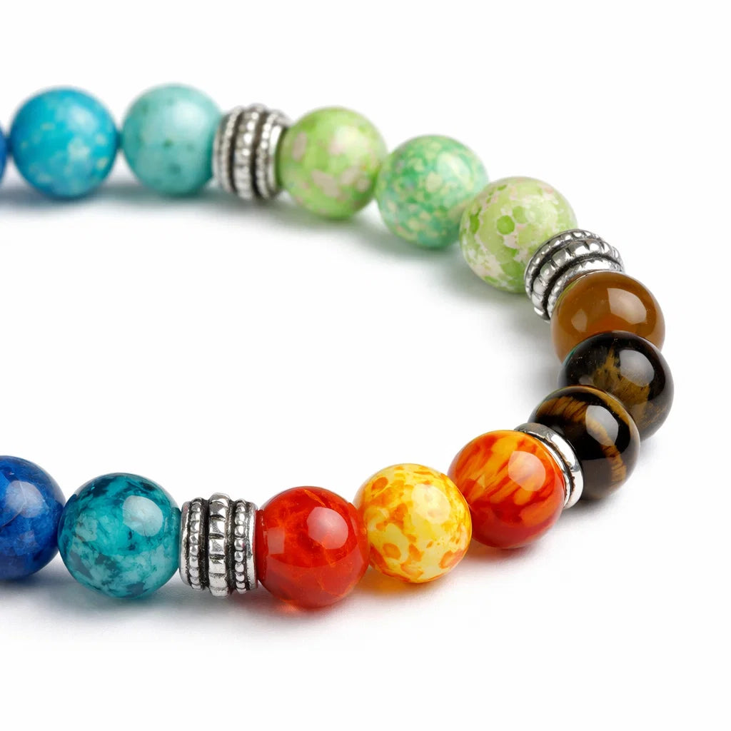 Close-up of the multicolour beads on a seven chakra crystal bracelet