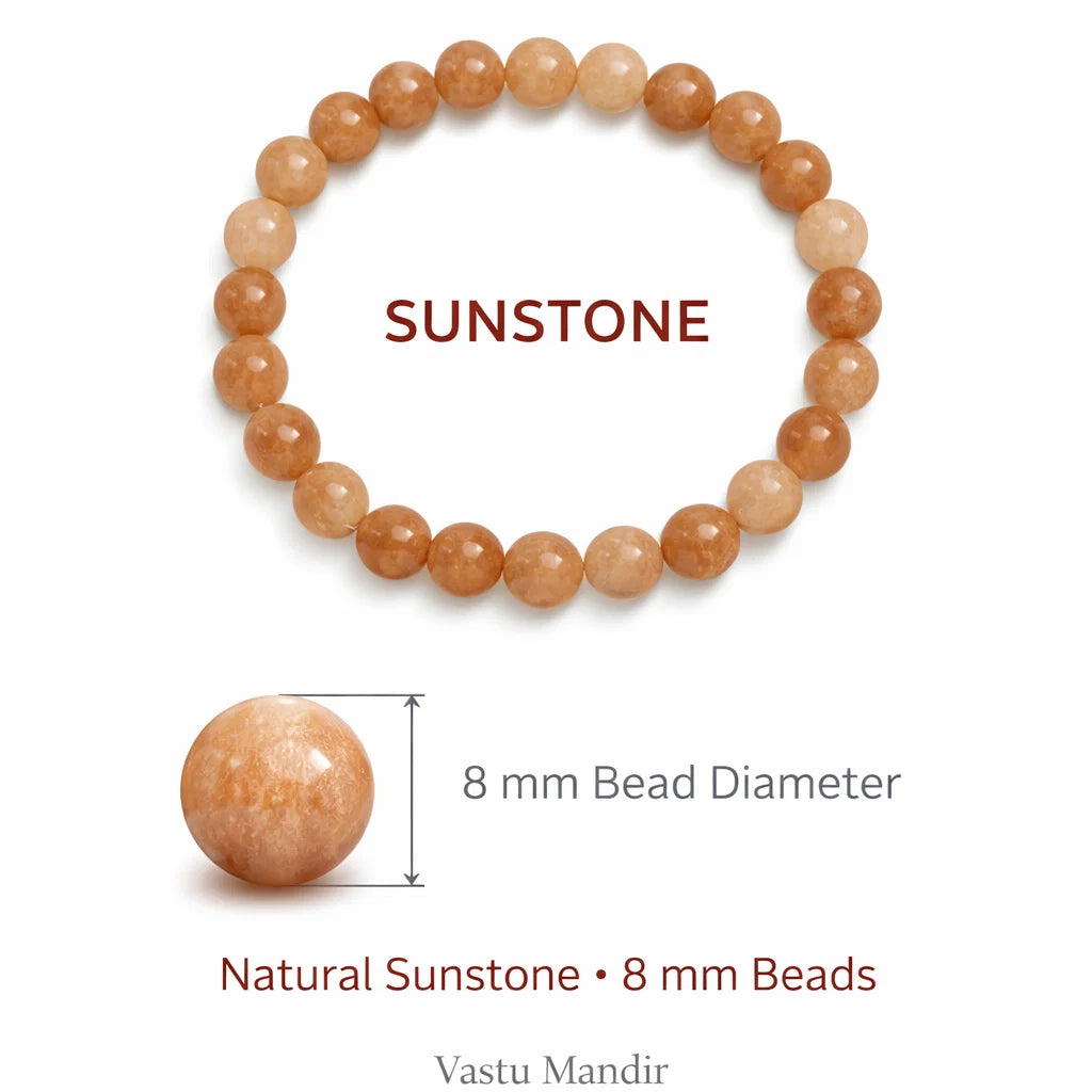 Natural sunstone crystal bracelet with round beads on a clean white background