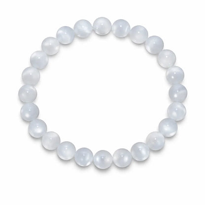 Natural selenite crystal bracelet showing the bead colour and surface on white