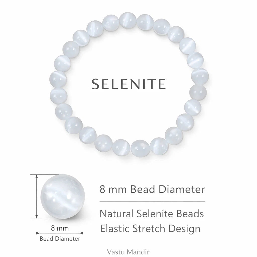 Natural selenite crystal bracelet in a close white-background bead view