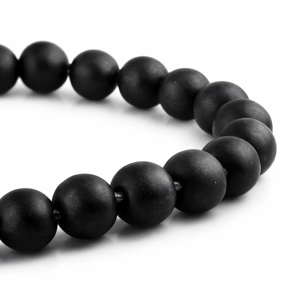 Natural shaligram crystal bracelet in a close white-background bead view